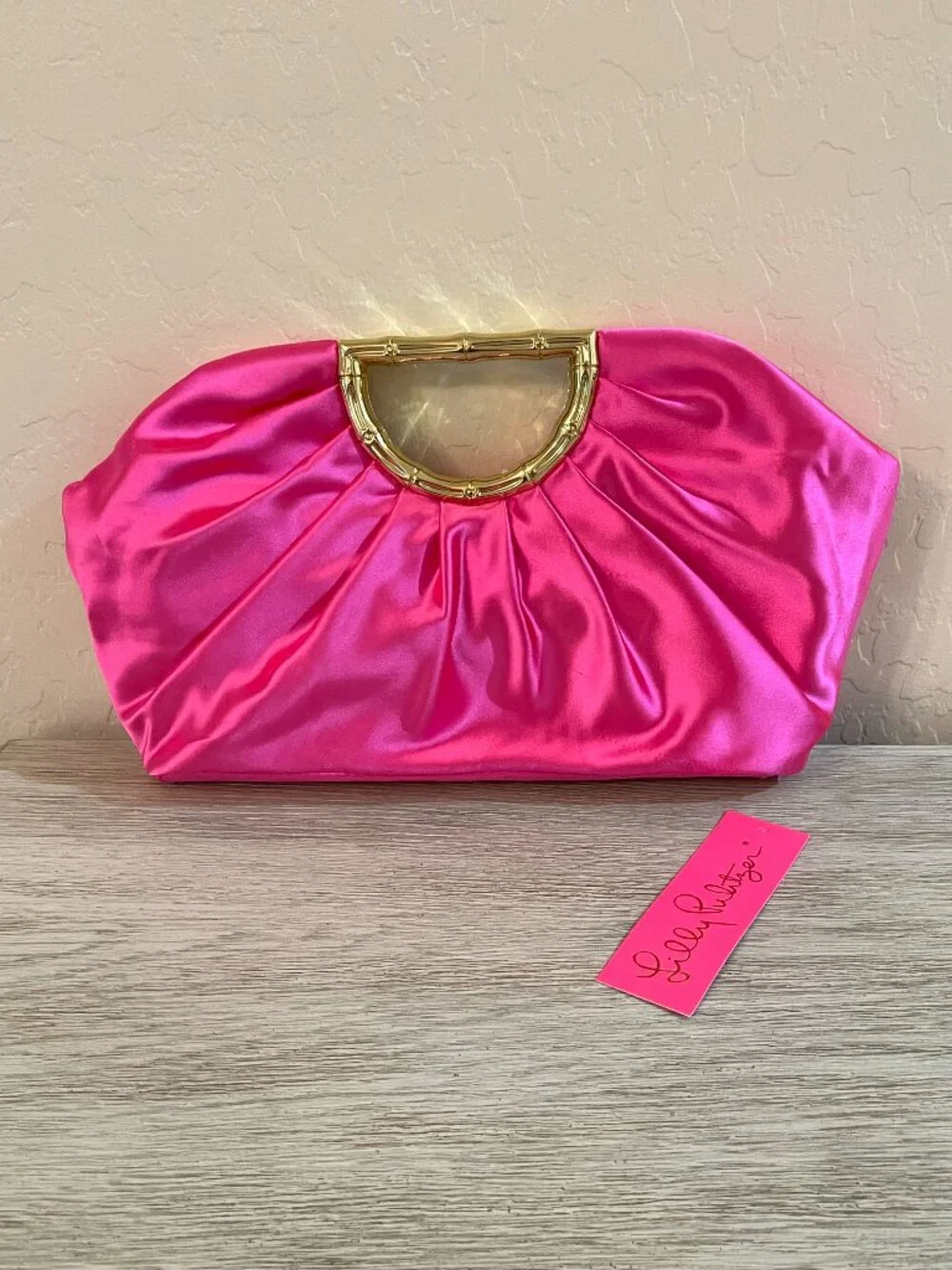 New Lilly Pulitzer Culver Clutch Bag Cerise Pink Satin Gold Metal Bamboo Handle